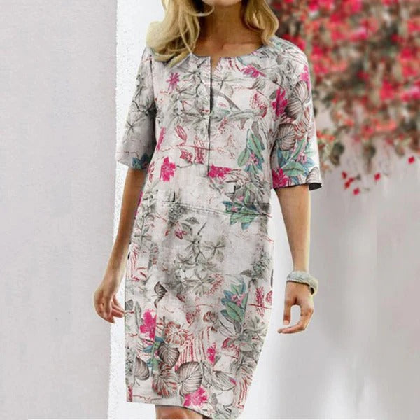 Robe droite femme – Imprimé tropical – Coupe décontractée – Mi-longue