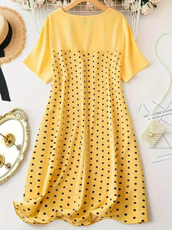 Robe femme trapèze – Pois – Coupe décontractée – Manches courtes – Longueur genou