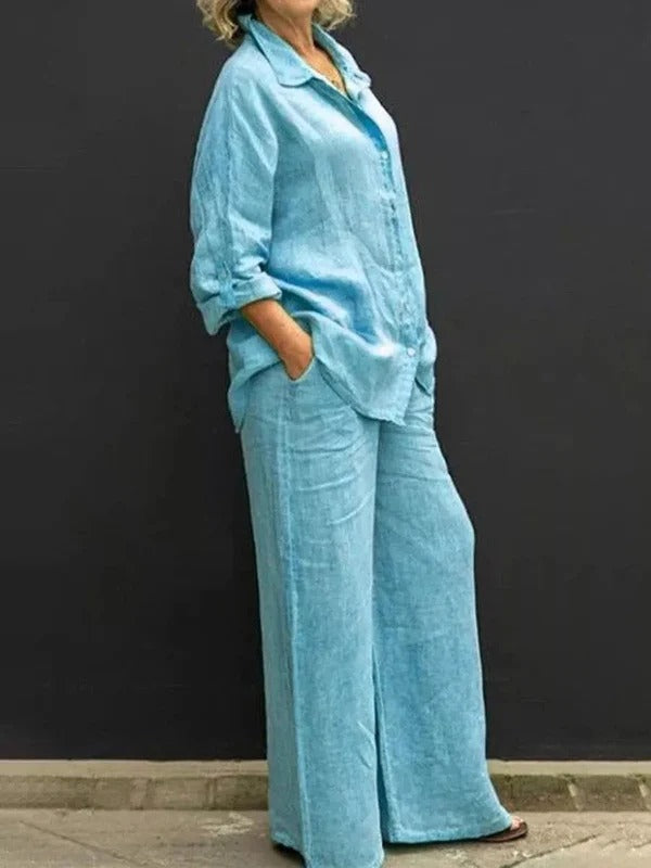Ensemble Femme – Linnen Décontracté – Chemise Boutonnée – Pantalon Large Taille Haute