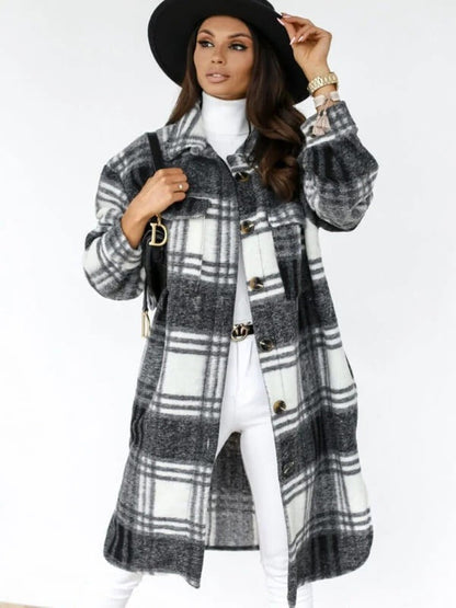 Manteau femme – Coupe oversize – Motif à carreaux – Laine mélangée – Longueur genou