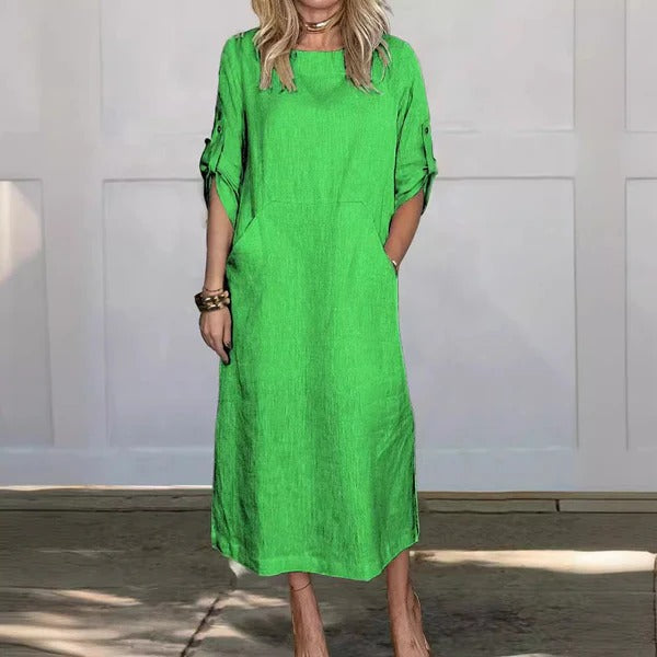 Robe longue femme – Coupe décontractée – Manches retroussables – Poches