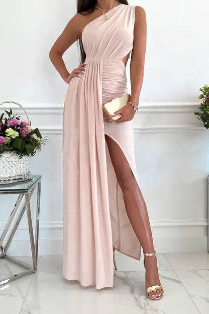 Robe longue femme – Coupe moulante – Épaule dénudée – Fente latérale – Détail ajouré