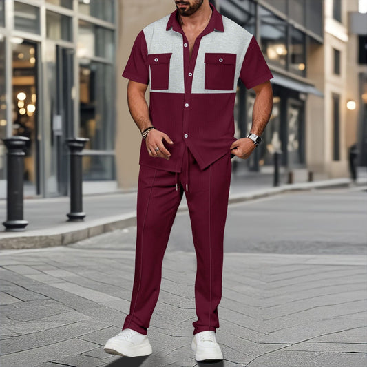 Ensemble Deux Pièces Homme – Maille Gaufrée – Chemise Relax Poches – Pantalon Cordon