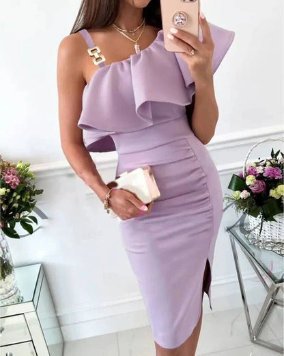 Robe moulante femme – Satin lustré – Volants – Fente latérale – Bretelles décoratives