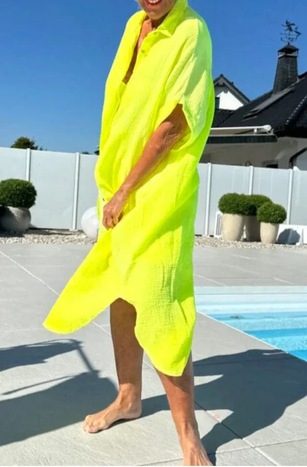 Robe midi femme – Coupe décontractée – Coton doux – Manches courtes – Col chemise