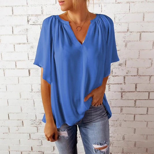 Blouse femme – Coupe décontractée – Col en V – Manches courtes