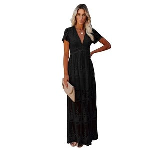 Robe longue femme – Encolure en V – Manches courtes – Coupe fluide élégante – Brodée