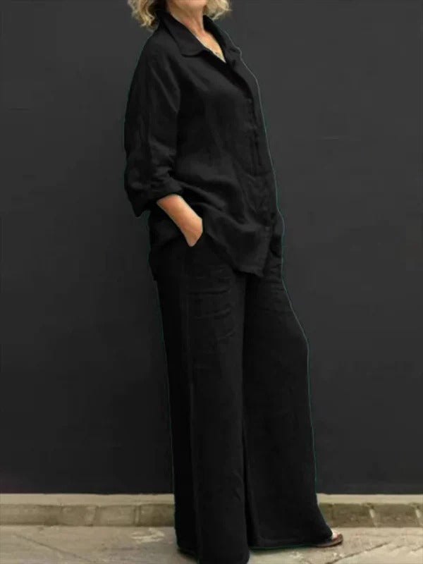 Ensemble Femme – Linnen Décontracté – Chemise Boutonnée – Pantalon Large Taille Haute