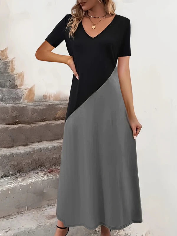 Robe longue femme – Col en V – Manches courtes – Coupe cintrée évasée – Color block