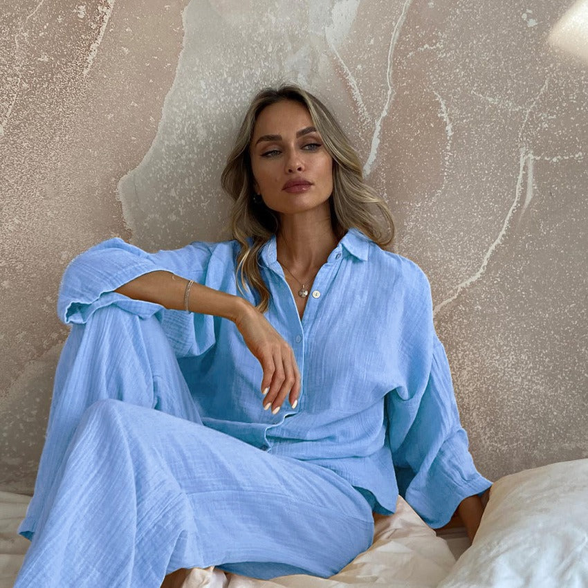 Ensemble détente femme – Tricot gaufré – Coupe ample – Haut boutonné – Pantalon large