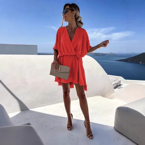 Robe portefeuille femme – Coupe décontractée – Encolure en V – Ourlet volanté – Tissu léger