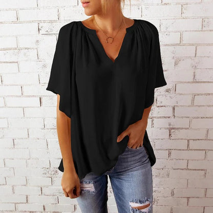 Blouse femme – Coupe décontractée – Col en V – Manches courtes