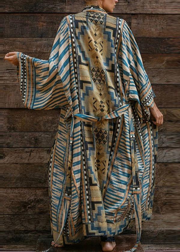Robe femme longue – Coupe fluide – Imprimé géométrique – Manches kimono – Ceinture