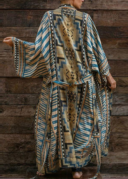 Robe femme longue – Coupe fluide – Imprimé géométrique – Manches kimono – Ceinture
