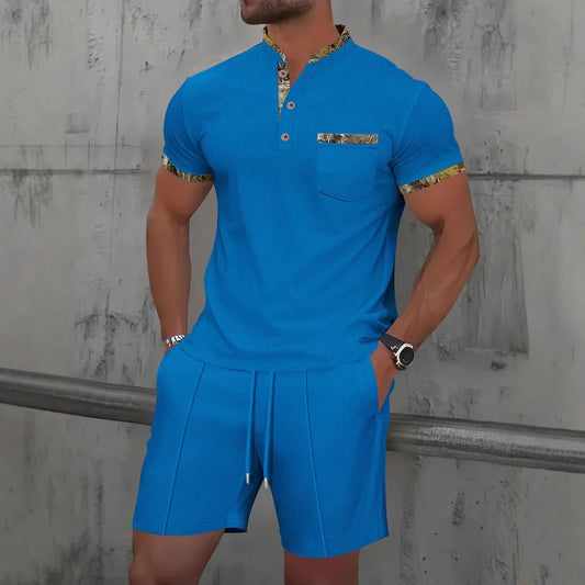 Ensemble Homme Décontracté – Coupe Slim – Coton – Manches Courtes – Poche Poitrine – Plastron à Boutons – Taille Cordon Ajustable