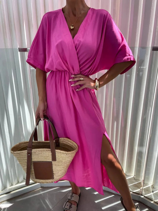 Robe longue femme – Décolleté en V – Coupe fluide – Manches kimono – Fente latérale