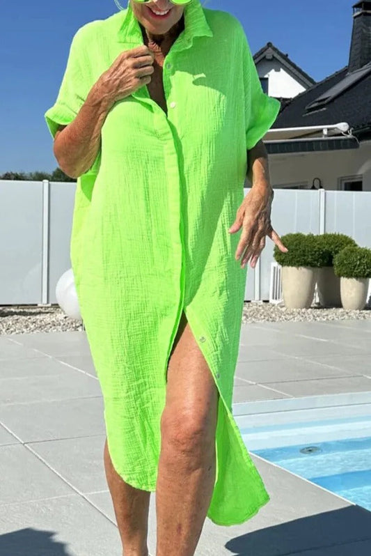 Robe midi femme – Coupe décontractée – Coton doux – Manches courtes – Col chemise
