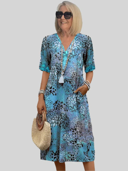 Robe midi femme – Coupe fluide – Col en V – Manches courtes – Imprimé abstrait – Poches