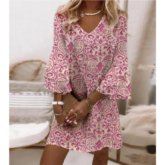 Robe mini femme – Coupe décontractée – Tissu respirant – Manches 3/4 – Col en V