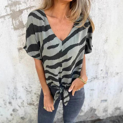 Blouse femme – Coupe décontractée – Décolleté en V – Nœud devant – Manches courtes – Tissu respirant