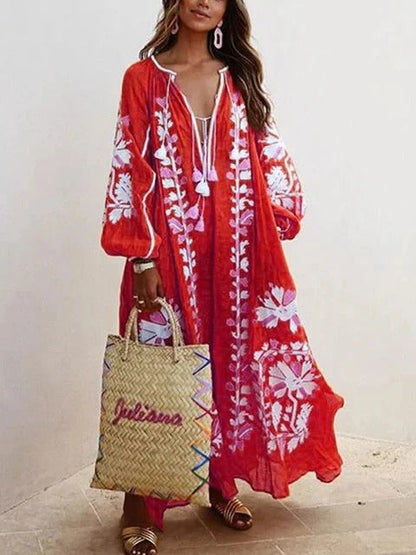 Robe caftan femme – Broderie florale – Coupe fluide – Manches larges respirantes
