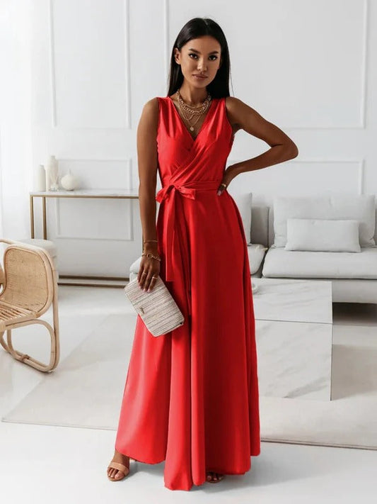 Robe longue femme – Sans manches – Décolleté en V – Taille nouée – Tissu fluide élégant
