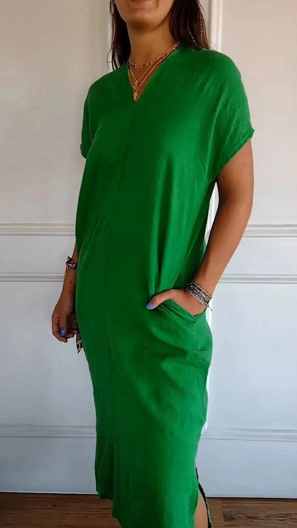 Robe longue femme – Coupe décontractée – Tissu coton doux – Manches courtes – Col V – Avec poches