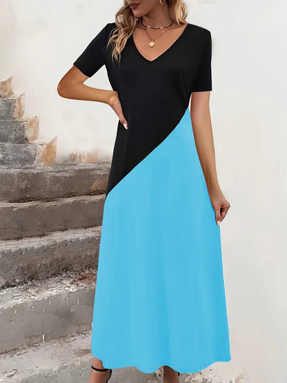 Robe longue femme – Col en V – Manches courtes – Coupe cintrée évasée – Color block