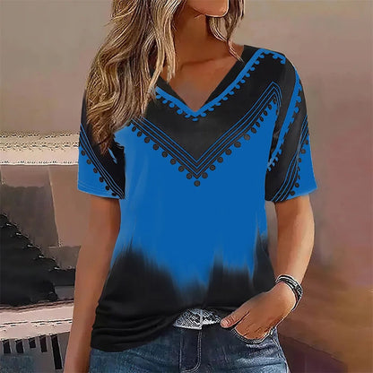T-shirt femme – Coupe oversize – Col V – Manches courtes – Motif dégradé graphique