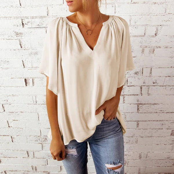 Blouse femme – Coupe décontractée – Col en V – Manches courtes