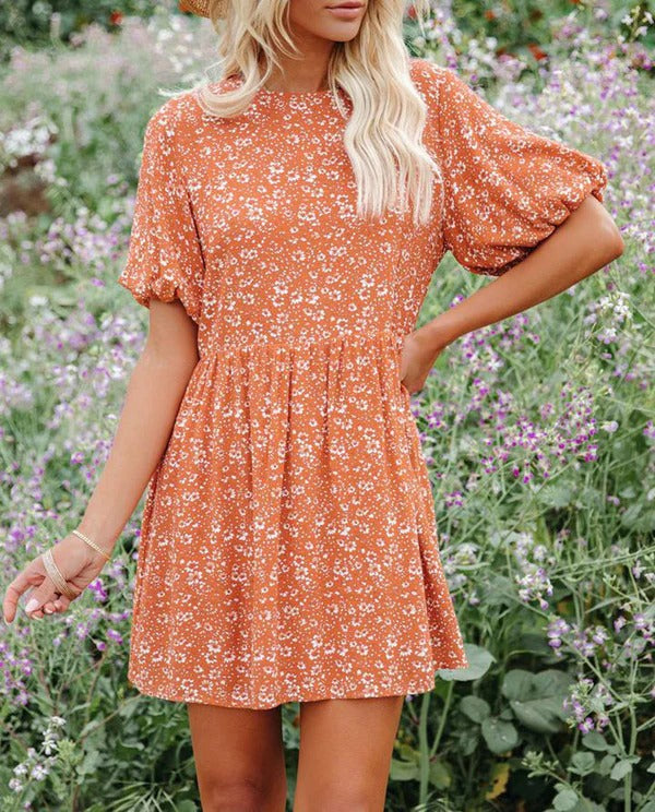 Robe Femme A-Ligne – Manches Bouffantes – Imprimé Fleuri – Tissu Respirant – Mini