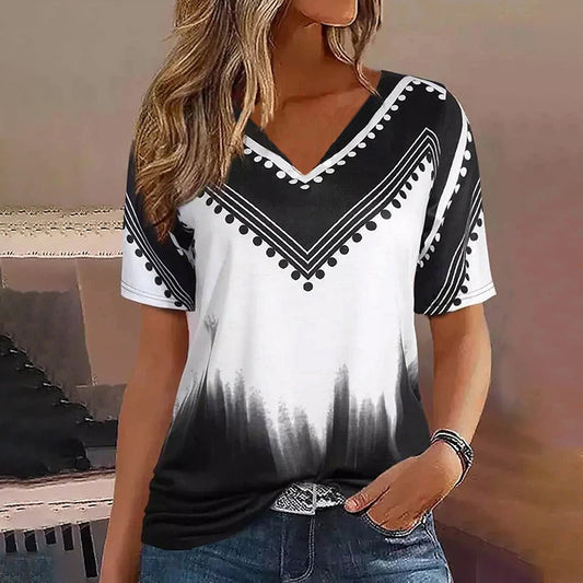 T-shirt femme – Coupe oversize – Col V – Manches courtes – Motif dégradé graphique