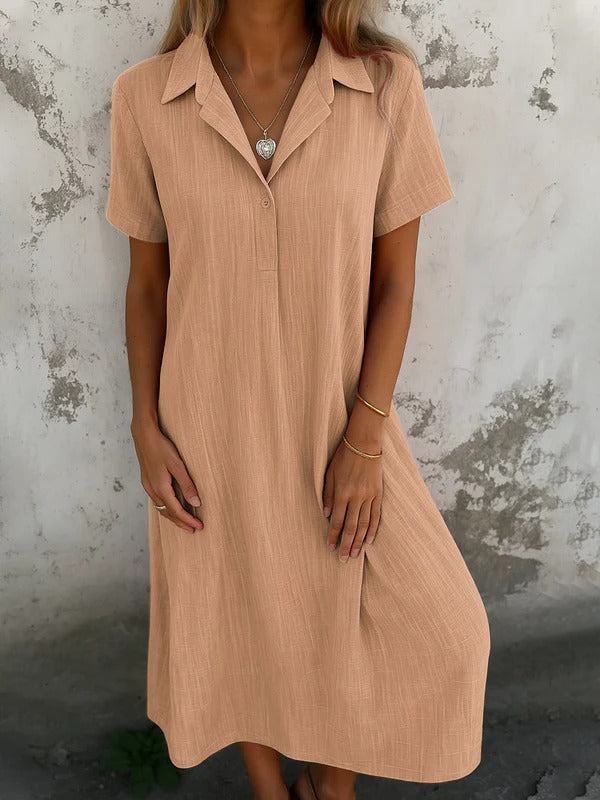 Robe chemise femme – Coupe décontractée – Coton – Manches courtes – Longueur midi