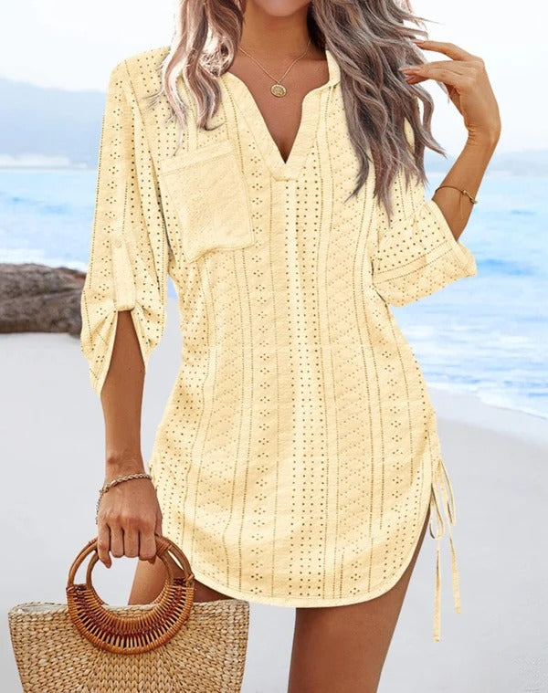 Robe de plage femme – Coton respirant – Coupe droite – Dentelle ajourée – Col en V