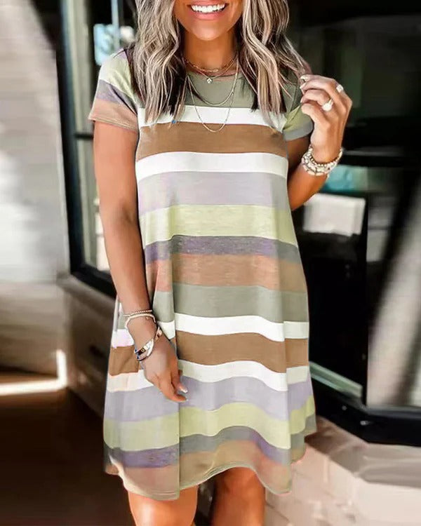 Robe femme casual – Coupe droite fluide – Maille douce – Manches courtes – Genou