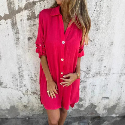 Robe chemise femme – Coupe décontractée – Boutonnage frontal – Tissu respirant – Manches retroussées
