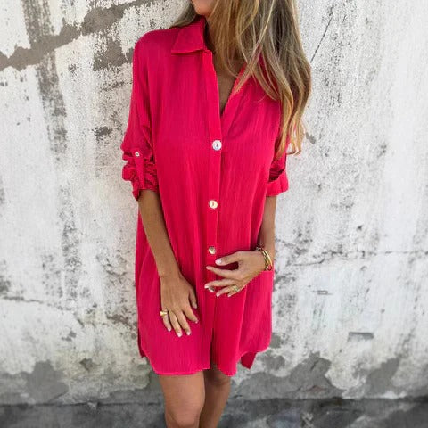 Robe chemise femme – Coupe décontractée – Boutonnage frontal – Tissu respirant – Manches retroussées