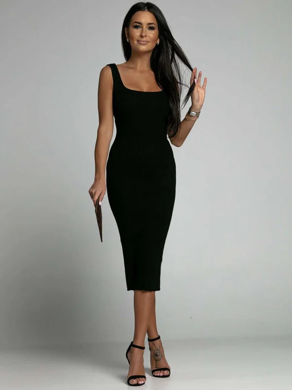 Robe midi femme – Coupe moulante – Sans manches – Maille côtelée – Col carré