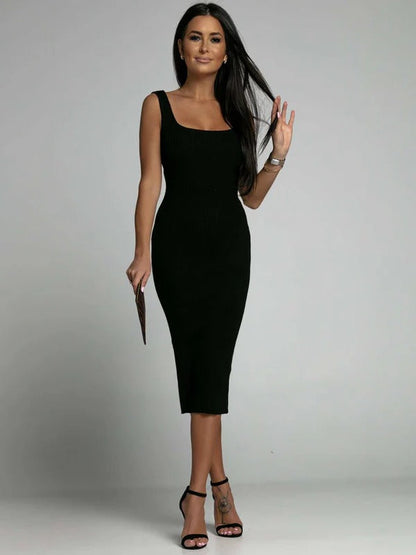 Robe midi femme – Coupe moulante – Sans manches – Maille côtelée – Col carré