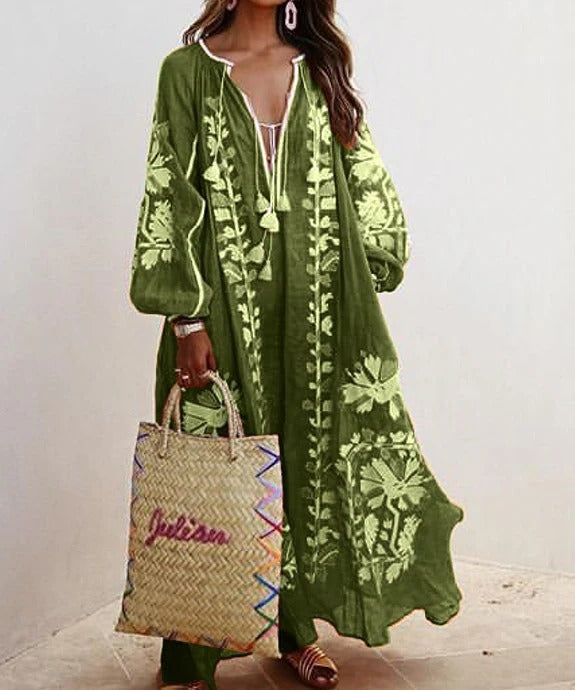 Robe caftan femme – Broderie florale – Coupe fluide – Manches larges respirantes