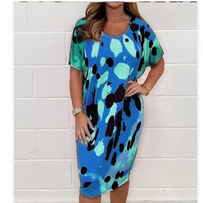 Robe midi femme – Coupe décontractée – Imprimé aquarelle – Manches courtes