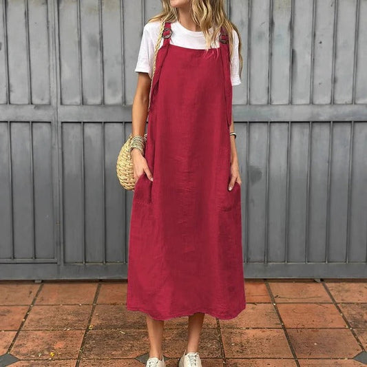 Robe femme – Lin léger – Coupe décontractée – Bretelles réglables – Longueur midi – Poches avant