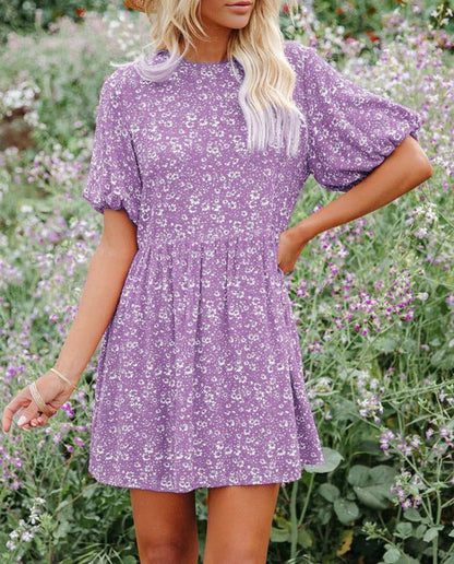 Robe Femme A-Ligne – Manches Bouffantes – Imprimé Fleuri – Tissu Respirant – Mini