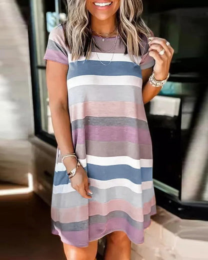 Robe femme casual – Coupe droite fluide – Maille douce – Manches courtes – Genou