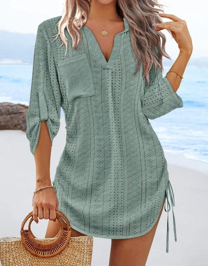 Robe de plage femme – Coton respirant – Coupe droite – Dentelle ajourée – Col en V