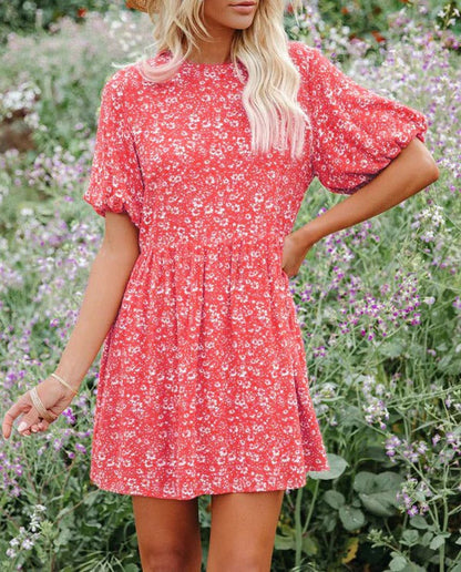 Robe Femme A-Ligne – Manches Bouffantes – Imprimé Fleuri – Tissu Respirant – Mini