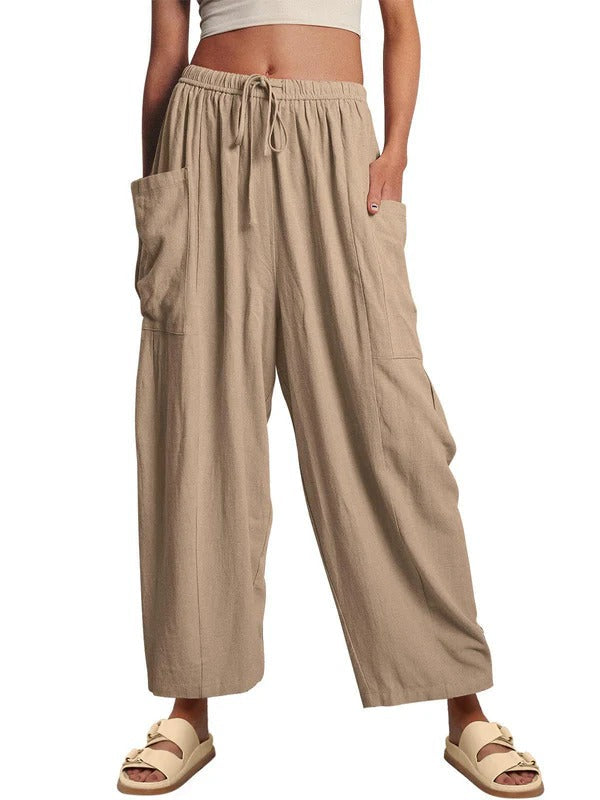 Pantalon femme – Coupe ample – Coton respirant – Taille cordon – Longueur totale