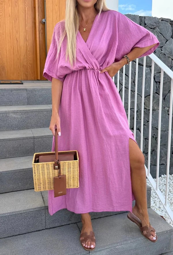 Robe longue femme – Décolleté en V – Coupe fluide – Manches kimono – Fente latérale