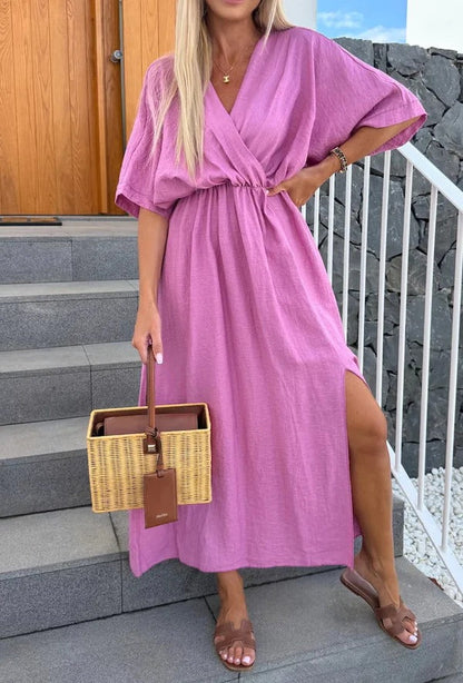 Robe longue femme – Décolleté en V – Coupe fluide – Manches kimono – Fente latérale