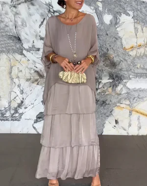 Robe longue femme – Coupe fluide – Manches coudes – Détails à volants